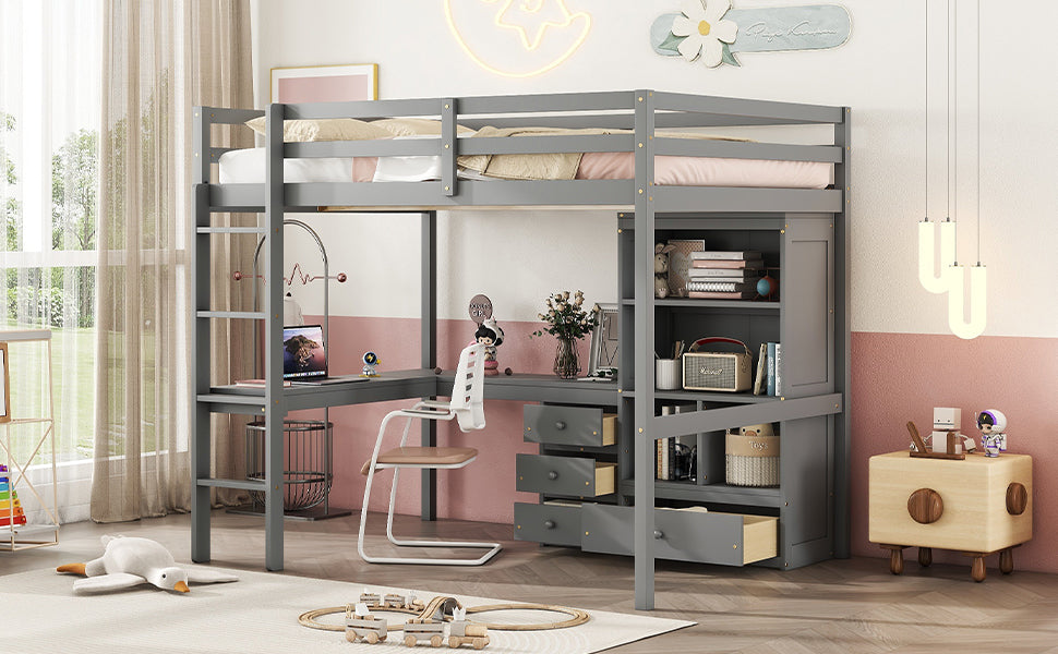 Full Size Loft Wood Bed With Desk, Storage Shelves And Drawers, Built In Ladder, High Loft Bed With Desk, Storage Shelves And Drawers,Guardrails,Grey Full Grey Pine