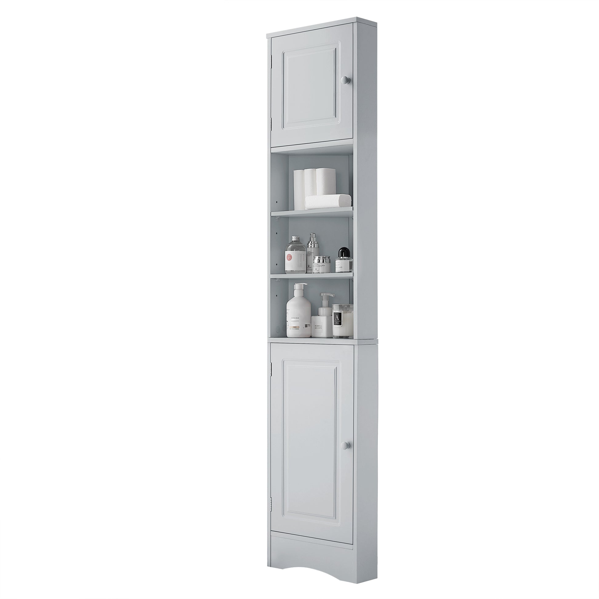 Multi Functional Corner Cabinet Tall Bathroom Storage Cabinet With Two Doors And Adjustable Shelves, Open Shelf, Grey Grey Mdf