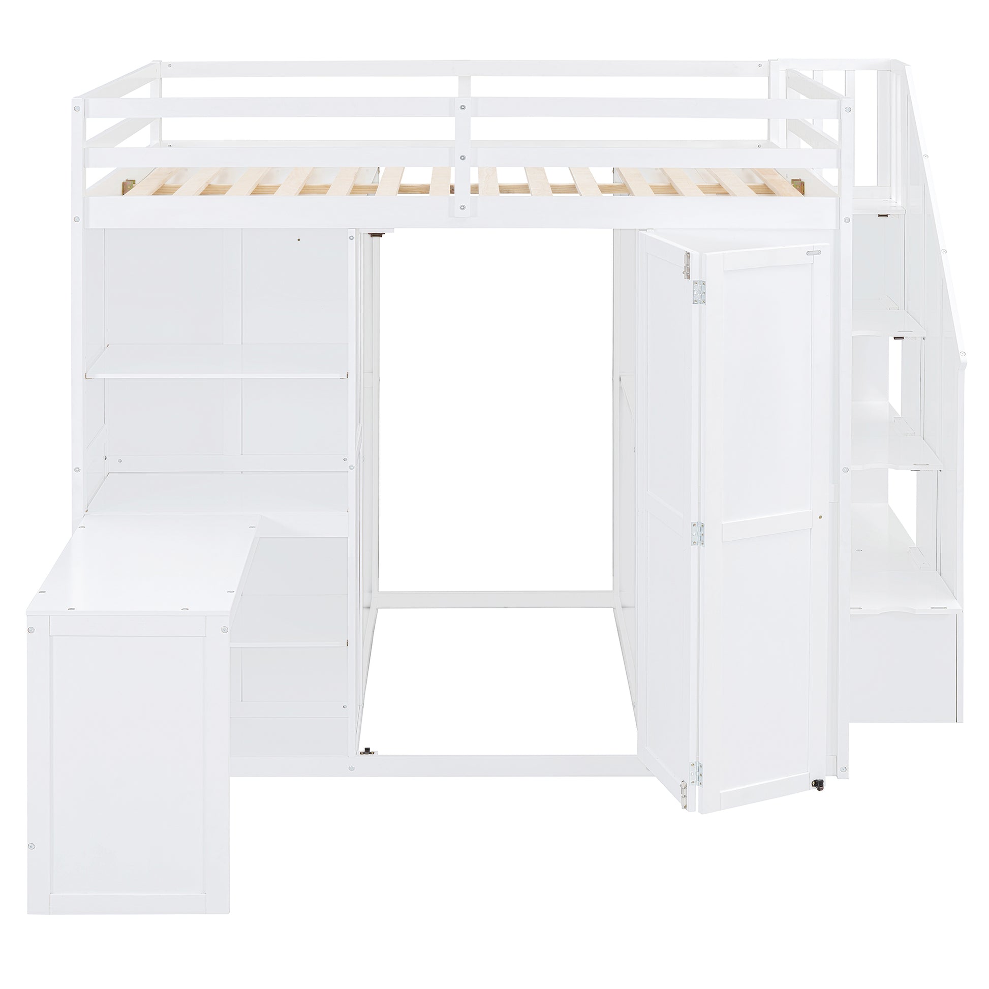 Full Size Bunk Bed With Wardrobe,Desk And Shelves,White White Mdf Lvl