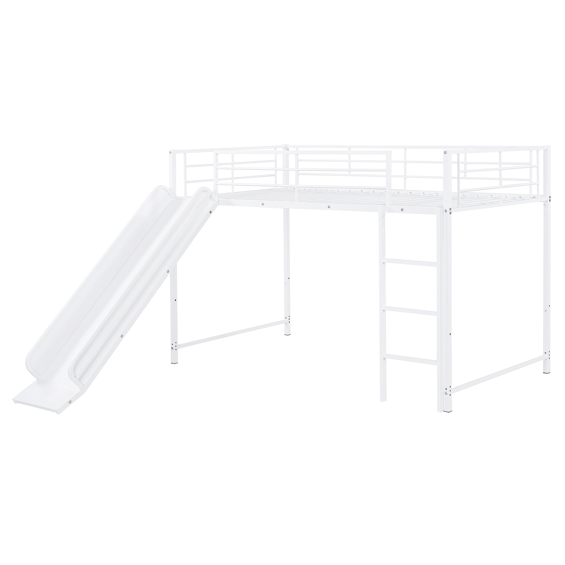 Twin Over Twin Size Metal Bunk Bed With Slide And Guardrails, White Twin White Metal