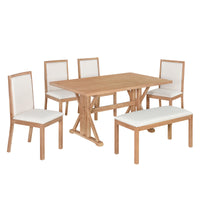 Farmhouse Classical 6 Piece Dining Table Set With Trestle Legs,Kitchen Table Set For 6 With 4 Upholstered Dining Chairs And Bench, Natural Wood Dining Room Solid Wood Rubberwood Rectangular Dining Table With Chair And Bench Upholstered Chair Wood Natural