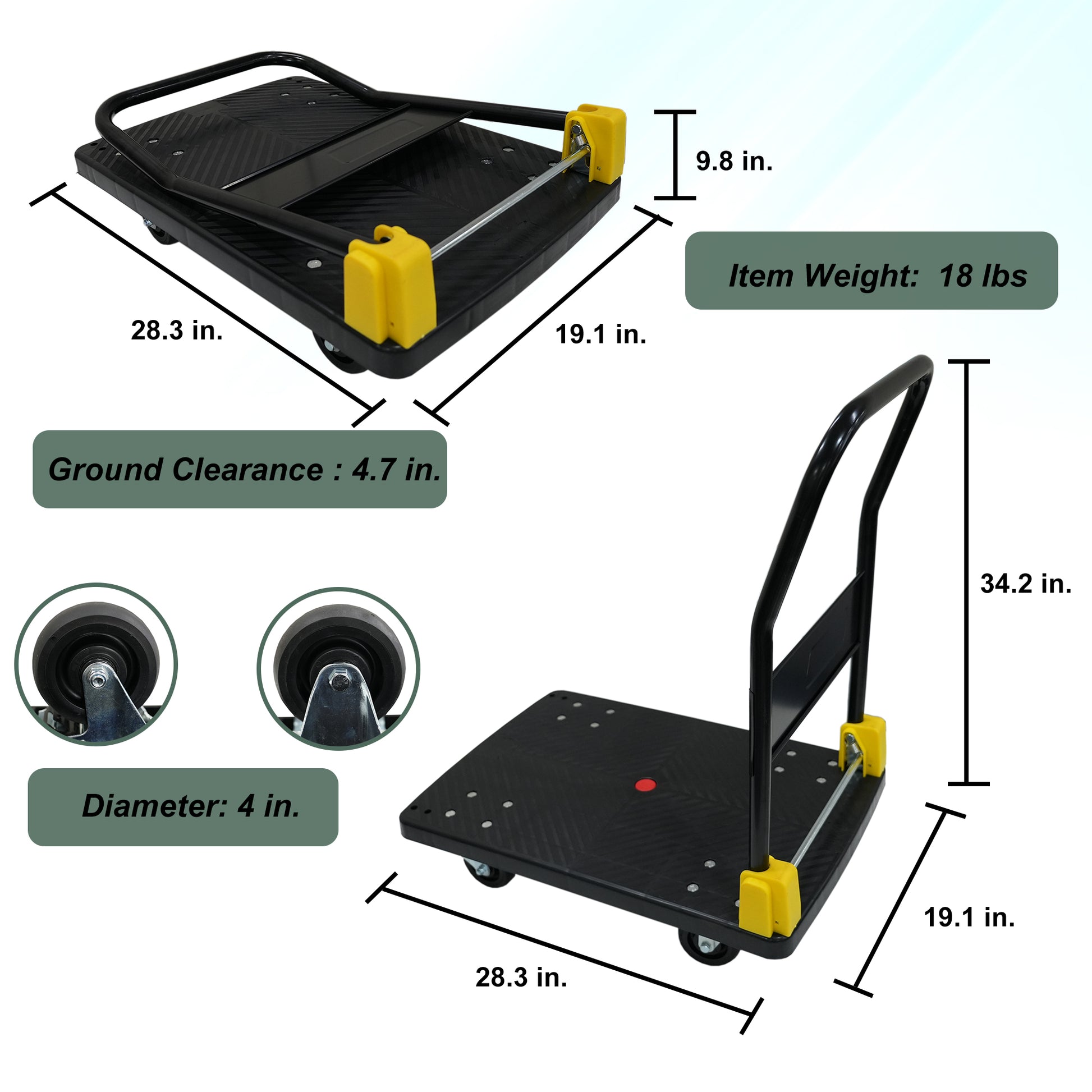 Foldable Platform Push Hand Truck Cart, 440 Lbs. Weight Capacity Black Metal