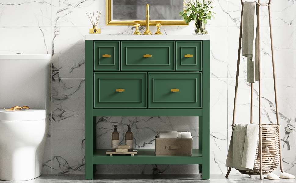 30'' Bathroom Vanity With Resin Sink Combo, Free Standing Single Vanity Set With 5 Drawers, Solid Wood Frame Bathroom Storage Cabinet, Green 4 Green 1 Bathroom Freestanding Modern Solid Wood Mdf Resin Painted