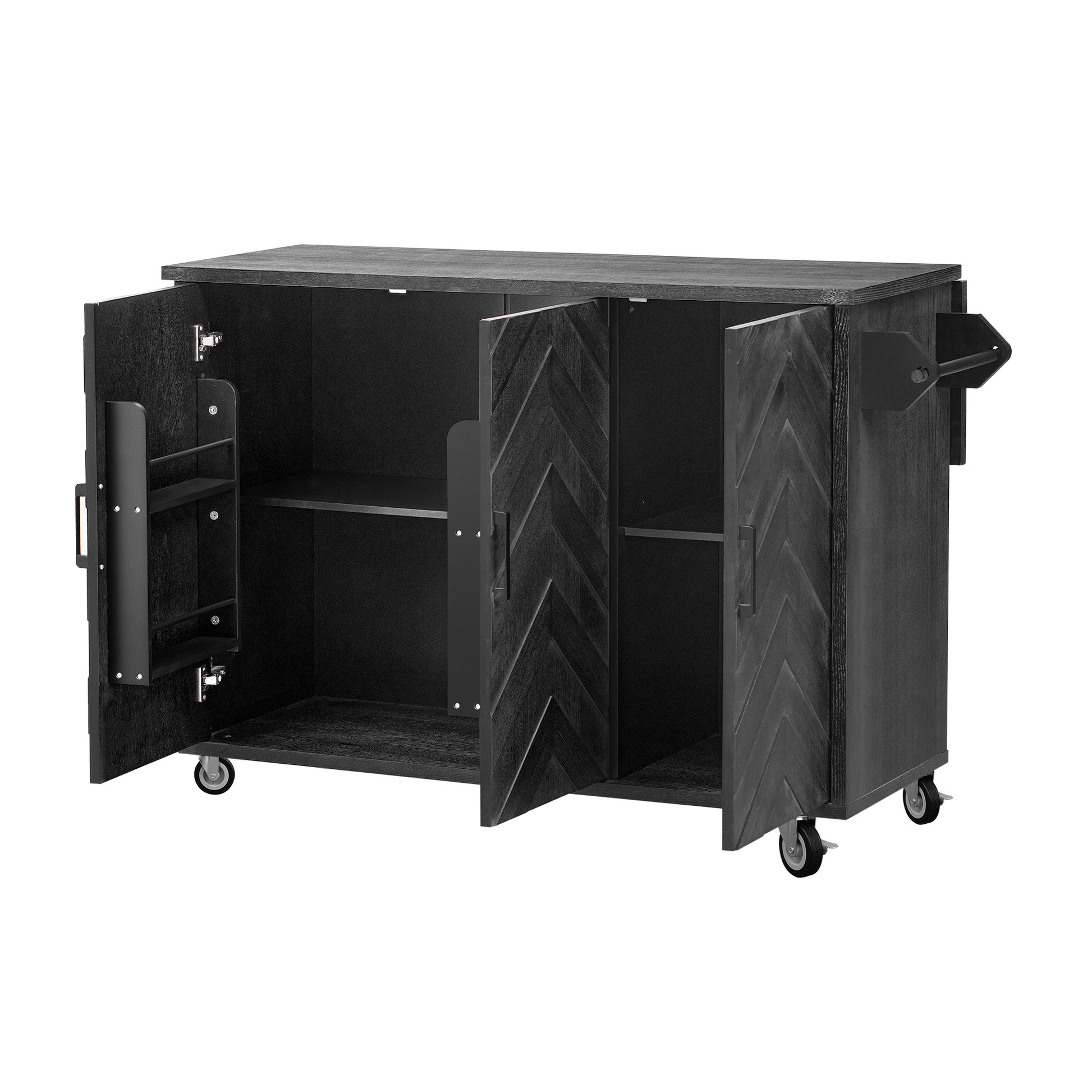 K&K 51.2"W 3D Wave Stripes Ash Veneer Not Cheap Paper Kitchen Island With Drop Leaf, Farmhouse Kitchen Island On Wheels With Internal Storage Rack, Rolling Kitchen Cart Black Black Brown Kitchen