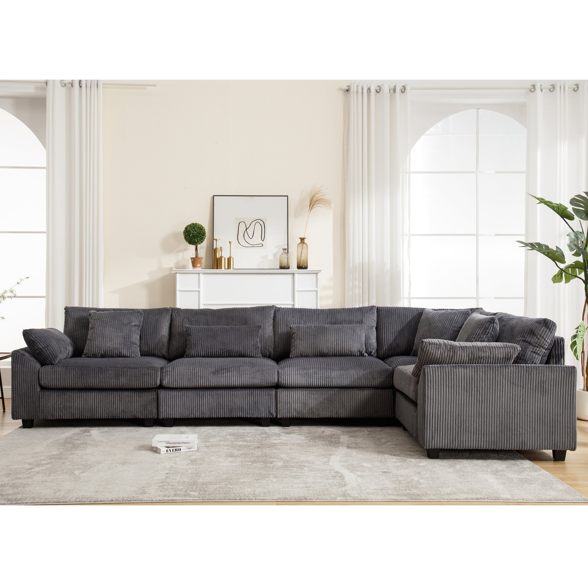 Arrival Oversized Modular Sectional Sofa Couches Set,Corduroy Upholstered Deep Seat Comfy Sofa For Living Room 5 Seat,Dark Gray Dark Gray Fabric 5 Seat