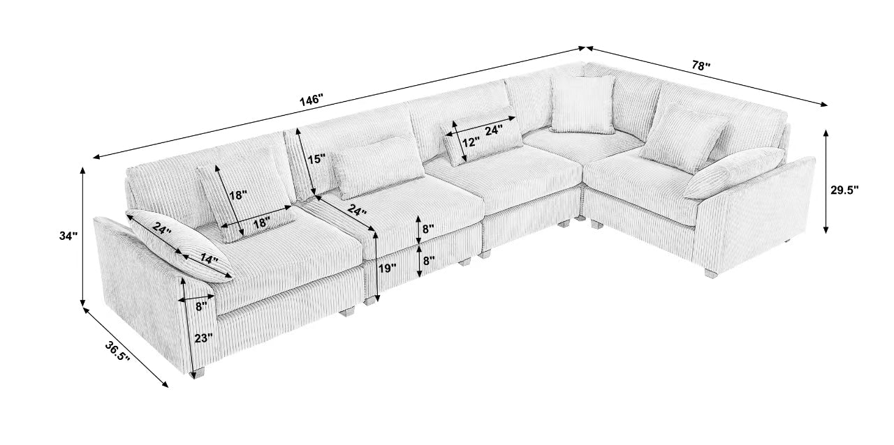 Arrival Oversized Modular Sectional Sofa Couches Set,Corduroy Upholstered Deep Seat Comfy Sofa For Living Room 5 Seat,Dark Gray Dark Gray Fabric 5 Seat