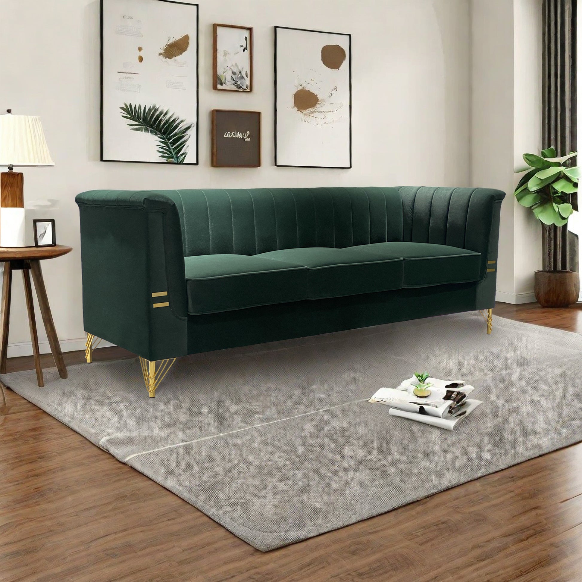 Fx P82 Gr Sofa 82.67'' W Velvet Sofa, Mid Century Sofa Furniture Chesterfield Couch For Living Room Sofa, Green Green Velvet 3 Seat