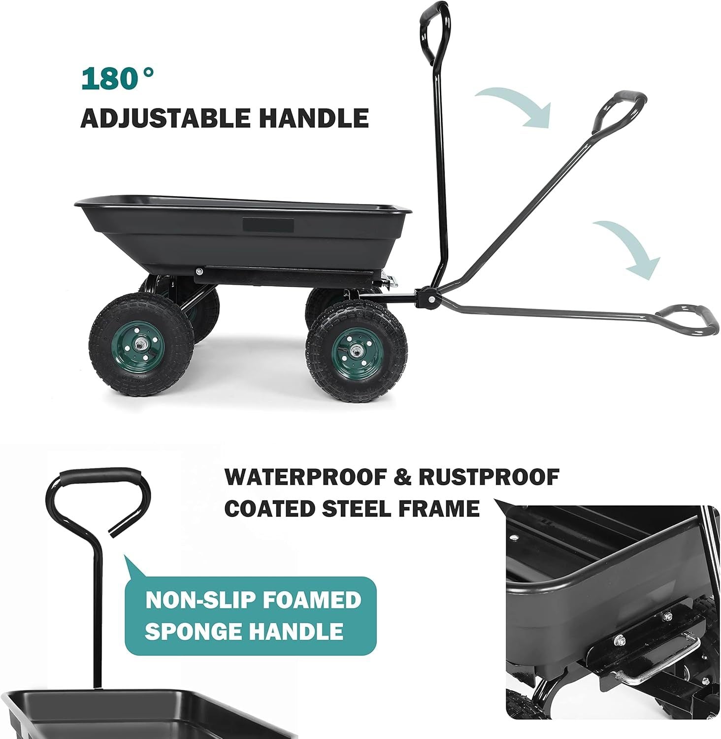 Garden Dump Cart With Steel Frame, Heavy Duty Outdoor Wagon With 10 Inch Pneumatic Rubber Tires, 660Lbs Max Capacity, Black Black Polypropylene