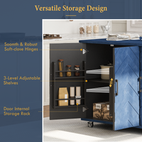 K&K 51.2"W 3D Wave Stripes Ash Veneer Not Cheap Paper Kitchen Island With Drop Leaf, Farmhouse Kitchen Island On Wheels With Internal Storage Rack, Rolling Kitchen Cart Navy Blue Navy Blue Nature