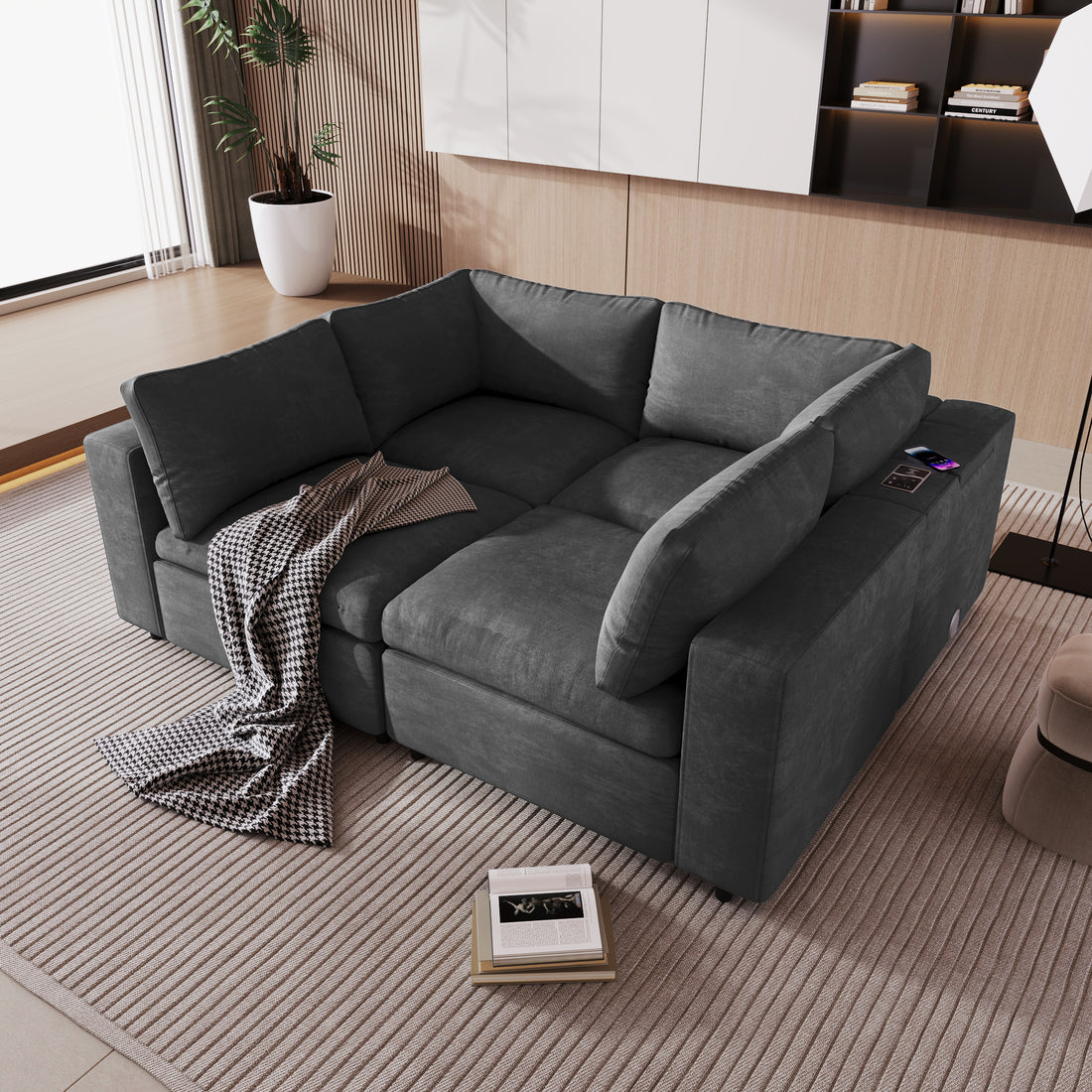 Upholstered Modular Sofa With With Storage Space, Usb Charge Ports,Wireless Charging And Built In Bluetooth Speaker In Arm,Sectional Sofa For Living Room Apartment. Old Sku:Wy000317Aae Gray