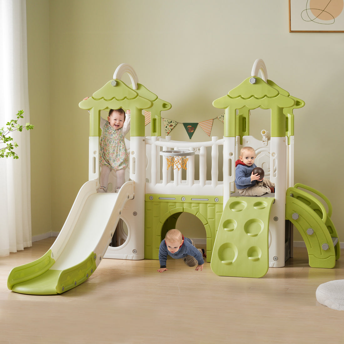 8 1 Toddler Climber And Slide Set,Kids Slide For Toddlers Age 1 , Kids Playground Climber Freestanding Slide Playset With Basketball Hoop, Play Combination For Babies,Indoor& Outdoor Green 150 199 Lbs Cute 1 To 2 Years Hdpe Indoor & Outdoor Use