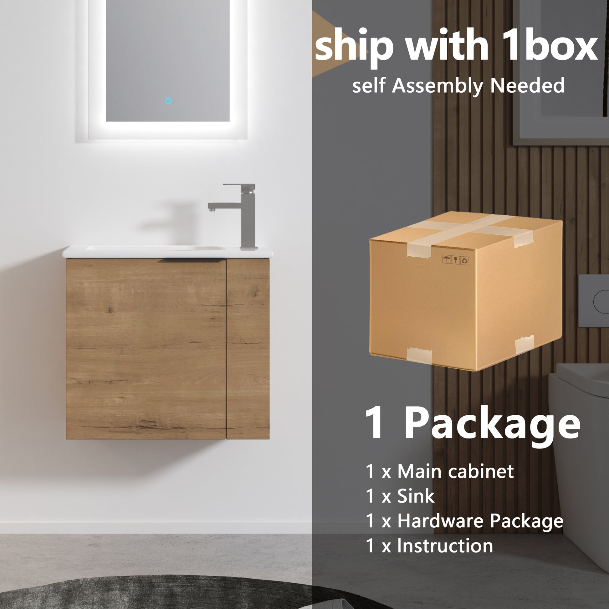 Bathroom Vanity With Sink 22 Inch For Small Bathroom,Floating Bathroom Vanity With Soft Close Door,Small Bathroom Vanity With Sink, 22X13 Kd Packing Imitative Oak 1 Soft Close Doors Bathroom Wall Mounted Modern Plywood Plywood