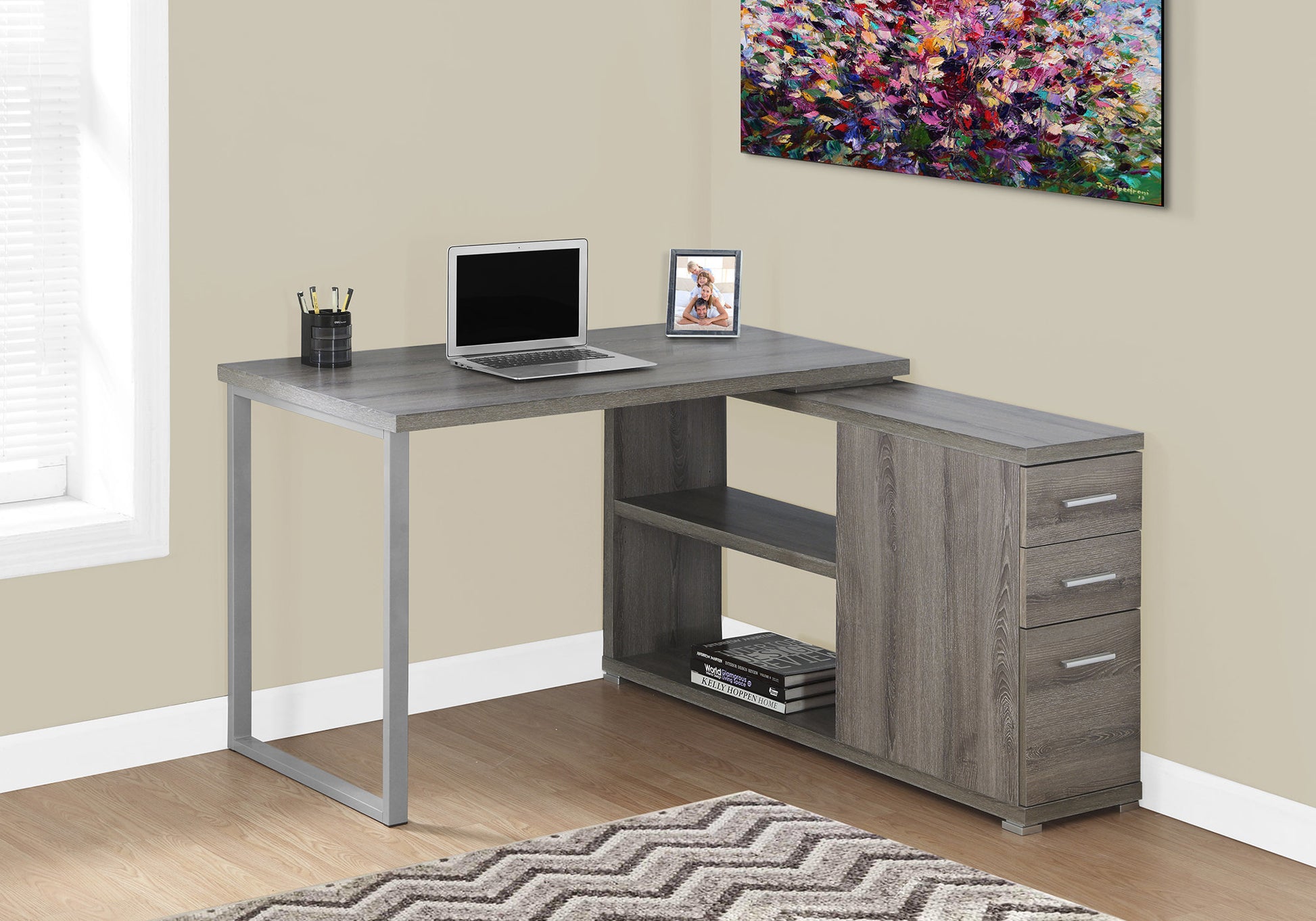 Computer Desk, Home Office, Corner, Left, Right Set Up, Storage Drawers, L Shape, Work, Laptop, Brown Laminate, Grey Metal, Contemporary, Modern Taupe Particle Board