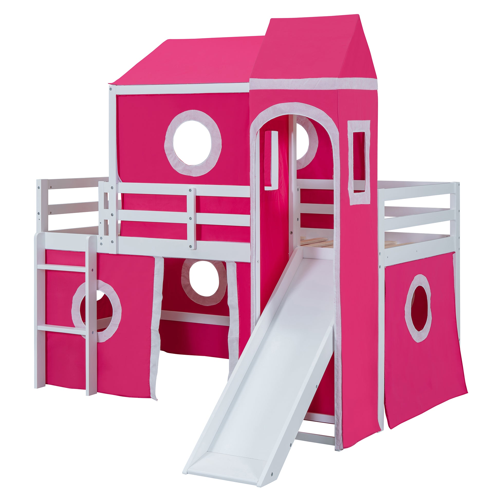 Twin Size Loft Bed With Slide Pink Tent And Tower Pink Old Sku:Wf298769Aah Twin Pink Solid Wood