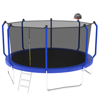 14Ft Trampoline With Basketball Hoop, Astm Approved Reinforced Type Outdoor Trampoline With Enclosure Net Blue Steel