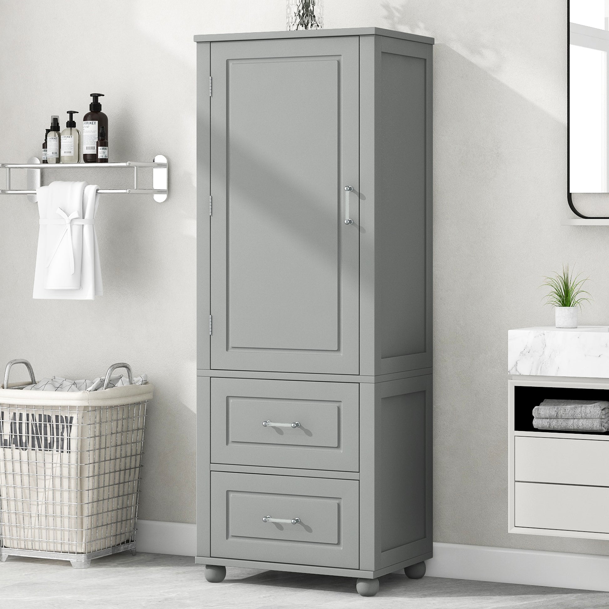 Tall Bathroom Storage Cabinet, Freestanding Storage Cabinet With Two Drawers And Adjustable Shelf, Mdf Board With Painted Finish, Grey Grey Mdf