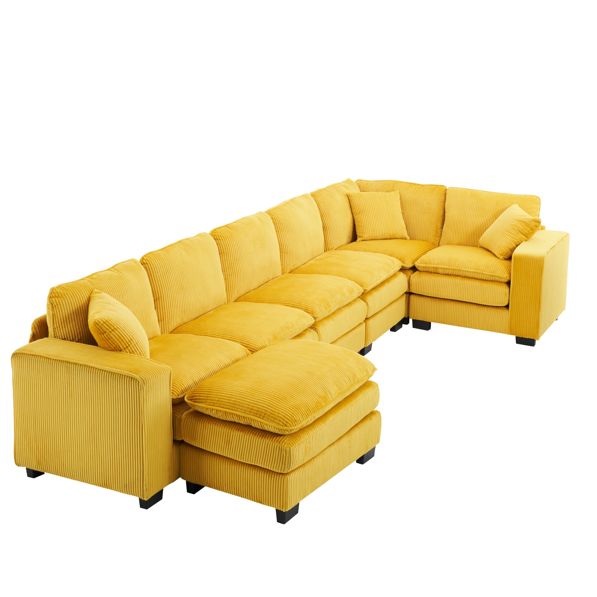 Modern U Shaped 6 Seat Sectional Sofa Couch With One Ottoman And Three Toss Pillows ,Modular Sofa For Living Room,Corduroy Sofa Yellow Corduroy 7 Seat