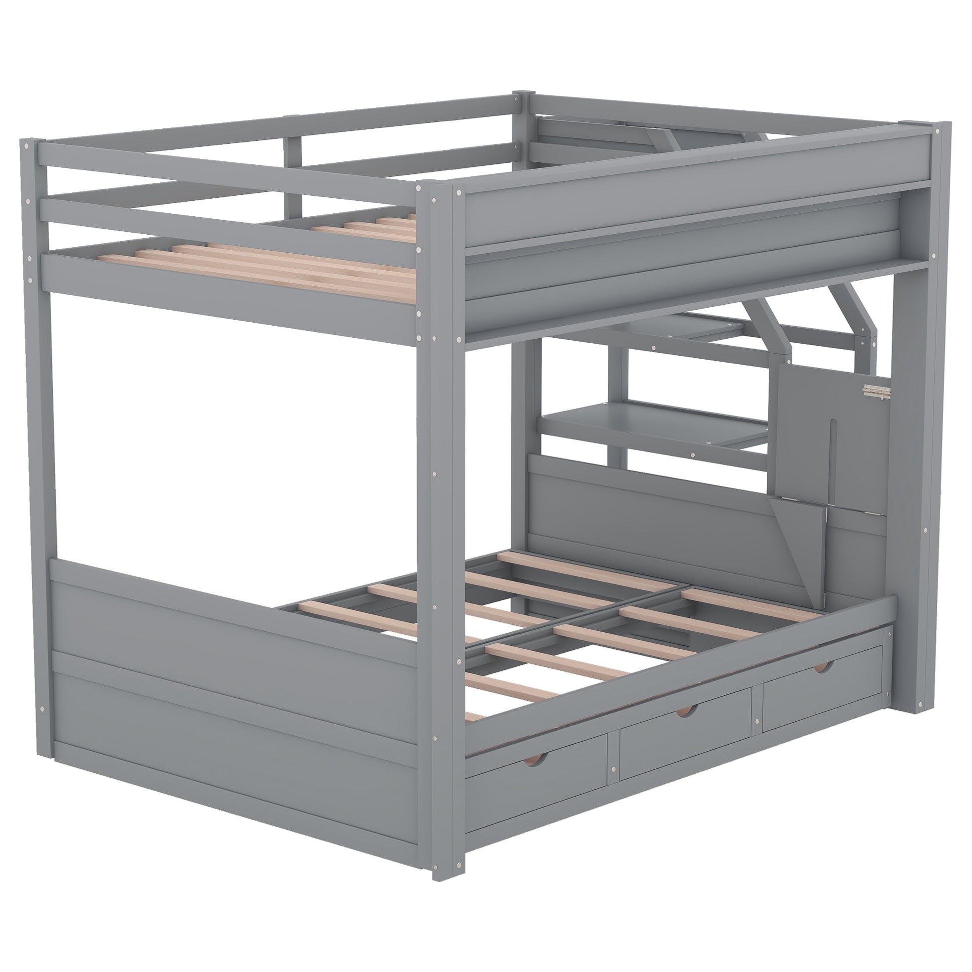 Wood Full Size Convertible Bunk Bed With Storage Staircase, Bedside Table, And 3 Drawers, Gray Gray Solid Wood Mdf