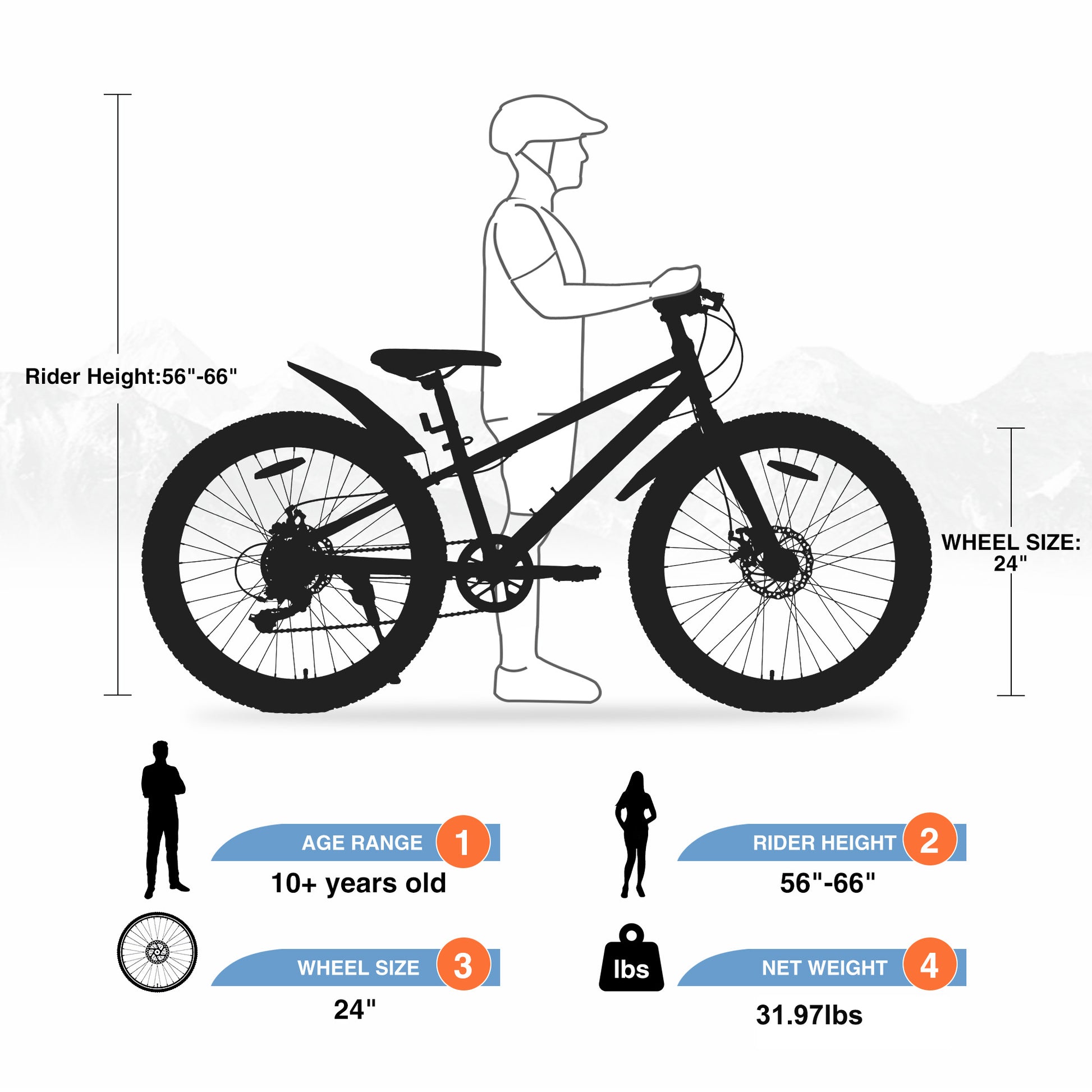 24 Inch Bicyclesfat Tire Mountain Bike For Boys And Girls Age 10 Years ,Dual Disc Brake,Shimano 7 Speed ,Kids Beach And Snow Bicycle Orange Steel