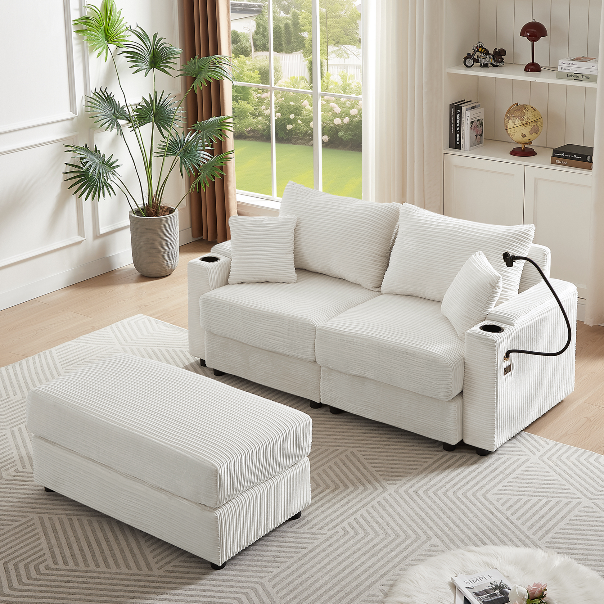 72.8" Modern Style Loveseat Sofa Sectional Sofa Couch With Storage Space, A Movable Ottoman, Two Usb Ports, Two Cup Holders, A Phone Holder For Living Room, Beige Beige Foam Corduroy 3 Seat