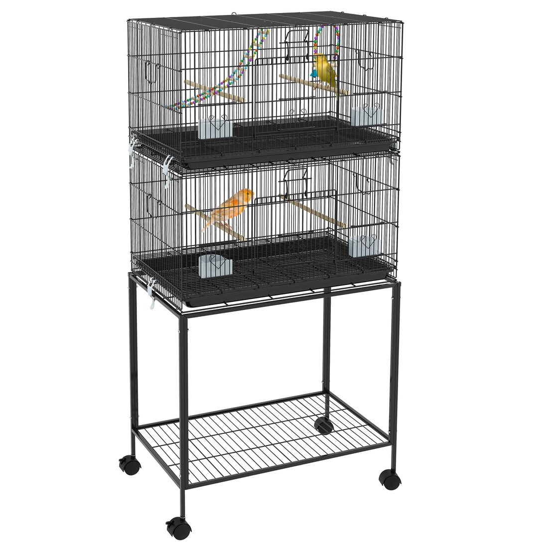 Pawhut Double Stackable Bird Cage With Stand, Wooden Swing, Rope Ladder & Wheels For Canaries, Lovebirds Finches, Budgie Cage With Storage Shelf, Removable Tray, Wooden Perches & Food Containers Black Steel