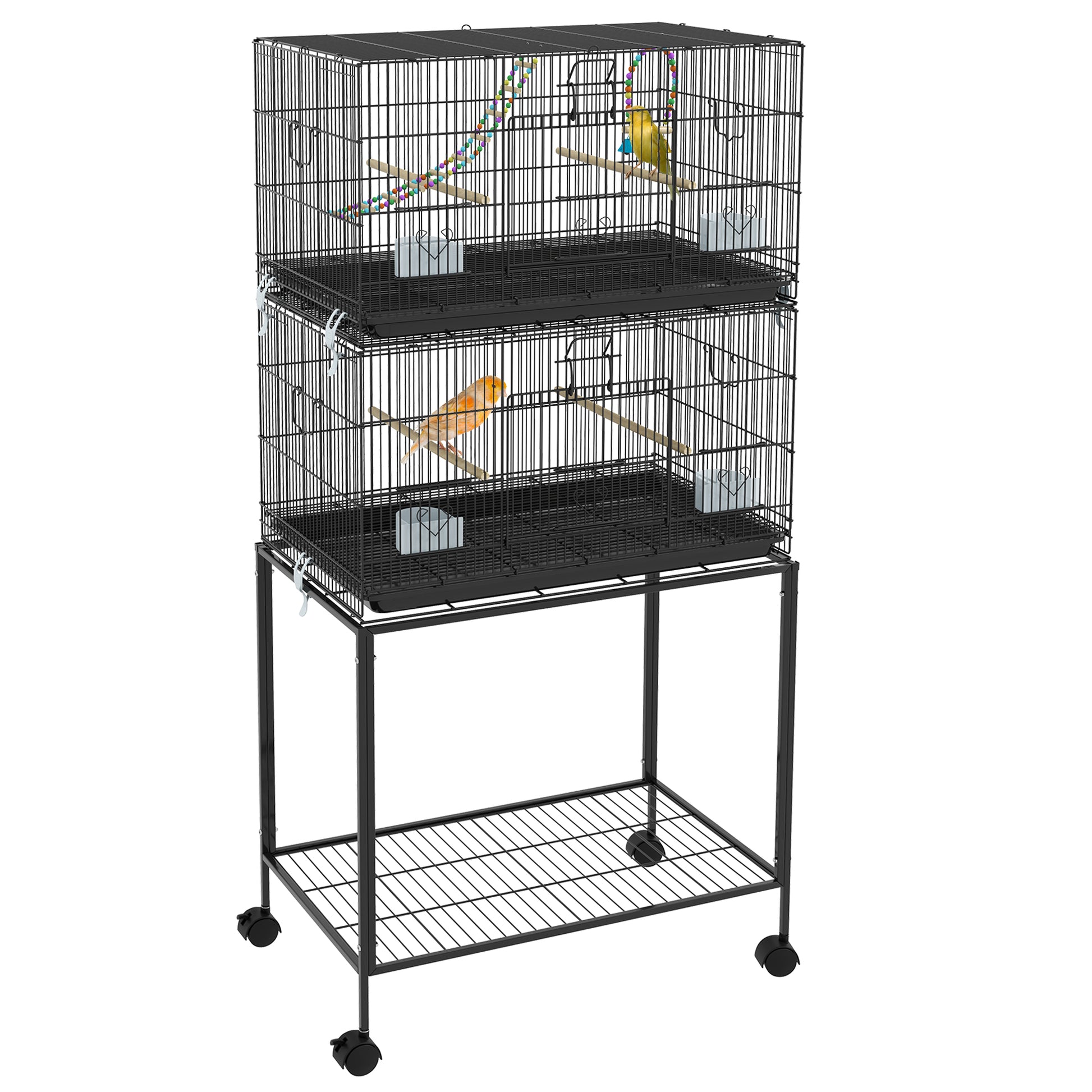 Pawhut Double Stackable Bird Cage With Stand, Wooden Swing, Rope Ladder & Wheels For Canaries, Lovebirds Finches, Budgie Cage With Storage Shelf, Removable Tray, Wooden Perches & Food Containers Black Steel