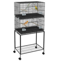 Pawhut Double Stackable Bird Cage With Stand, Wooden Swing, Rope Ladder & Wheels For Canaries, Lovebirds Finches, Budgie Cage With Storage Shelf, Removable Tray, Wooden Perches & Food Containers Black Steel