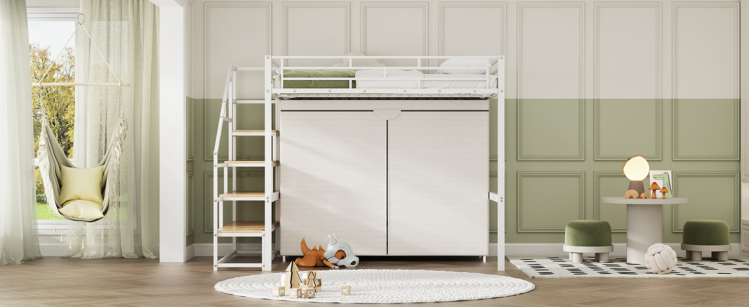 Full Size Metal Loft Bed With Wardrobe And Storage Shelves, White Box Spring Not Required Full White Metal Mdf Metal