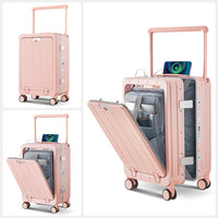 Aluminum Frame 20 Inch With Front Open Carry On Luggage, Pc Hard Shell Suitcase, Bounce Wide Handle Pull Rod Luggage With 360 Double Wheels, Built In Tsa Lock, Airline Approved Suitcase For Business Pink Pc