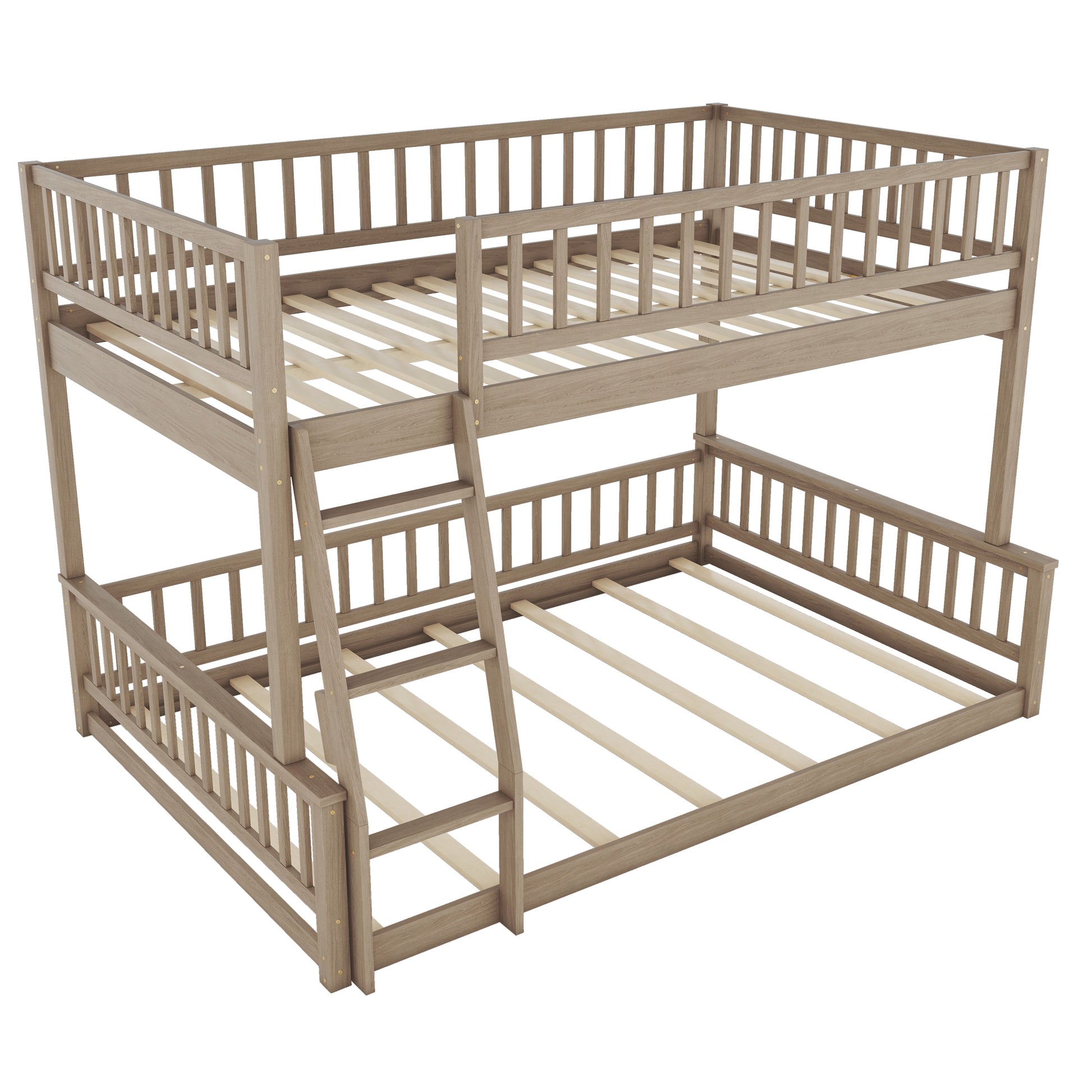 Full Xl Over Queen Bunk Bed With Ladder And Guardrails, Walnut Box Spring Not Required Queen Walnut Wood Bunk Solid Wood Mdf