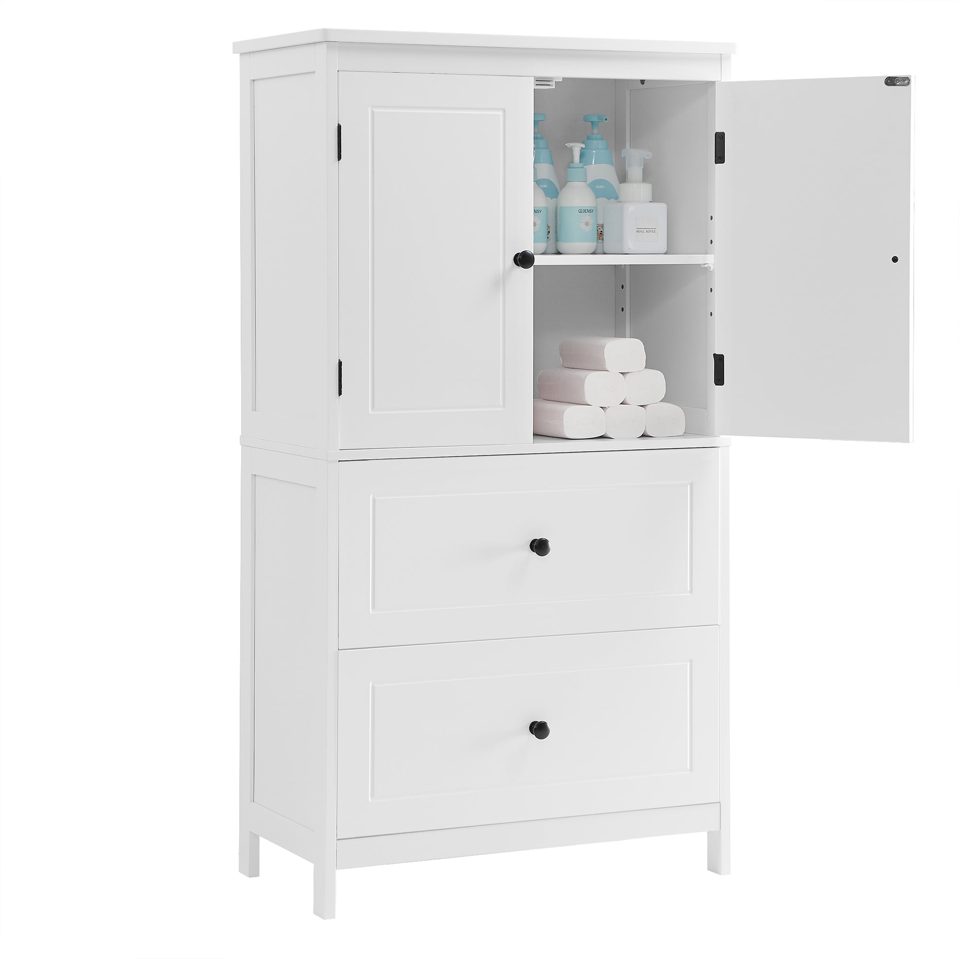 Bathroom Storage Cabinet, Cabinet With Two Doors And Drawers, Adjustable Shelf, Mdf Board, White White Mdf