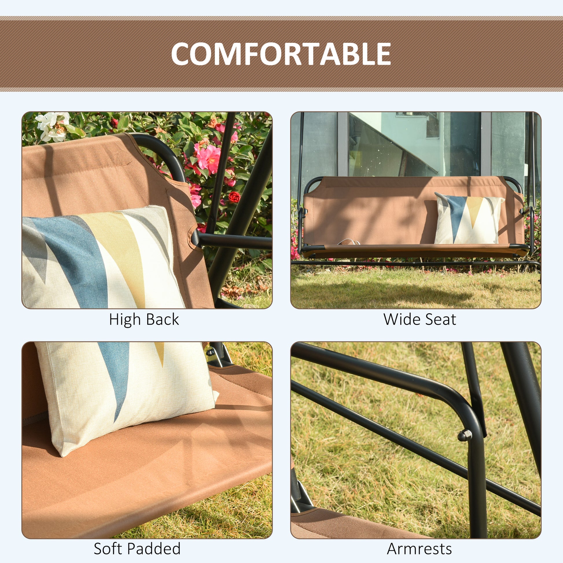 Outsunny 3 Person Porch Swing With Stand, Outdoor Swing For Patio Porch With Adjustable Tilt Canopy And Comfortable Swing Bench Style Seat, Steel Frame, Brown Brown Plastic
