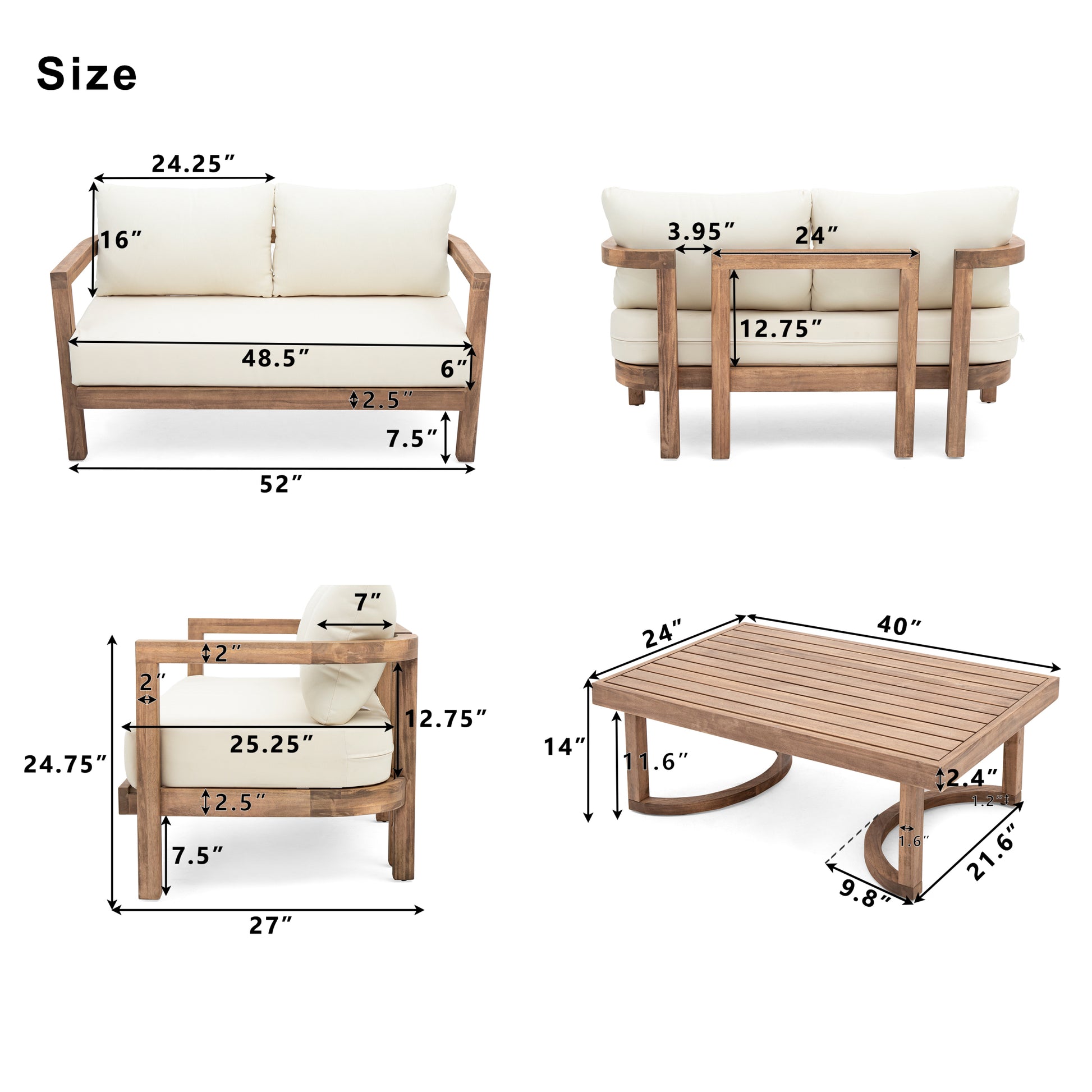 2 Person Outdoor Acacia Wood Patio Seating Group With Cushions And Coffee Table For Porch, Garden, Backyard, Balcony, Brown Wash, Beige Cushion Yes Brown Beige Seats 2 Garden & Outdoor 2 Person Seating Group Foam Acacia Wood