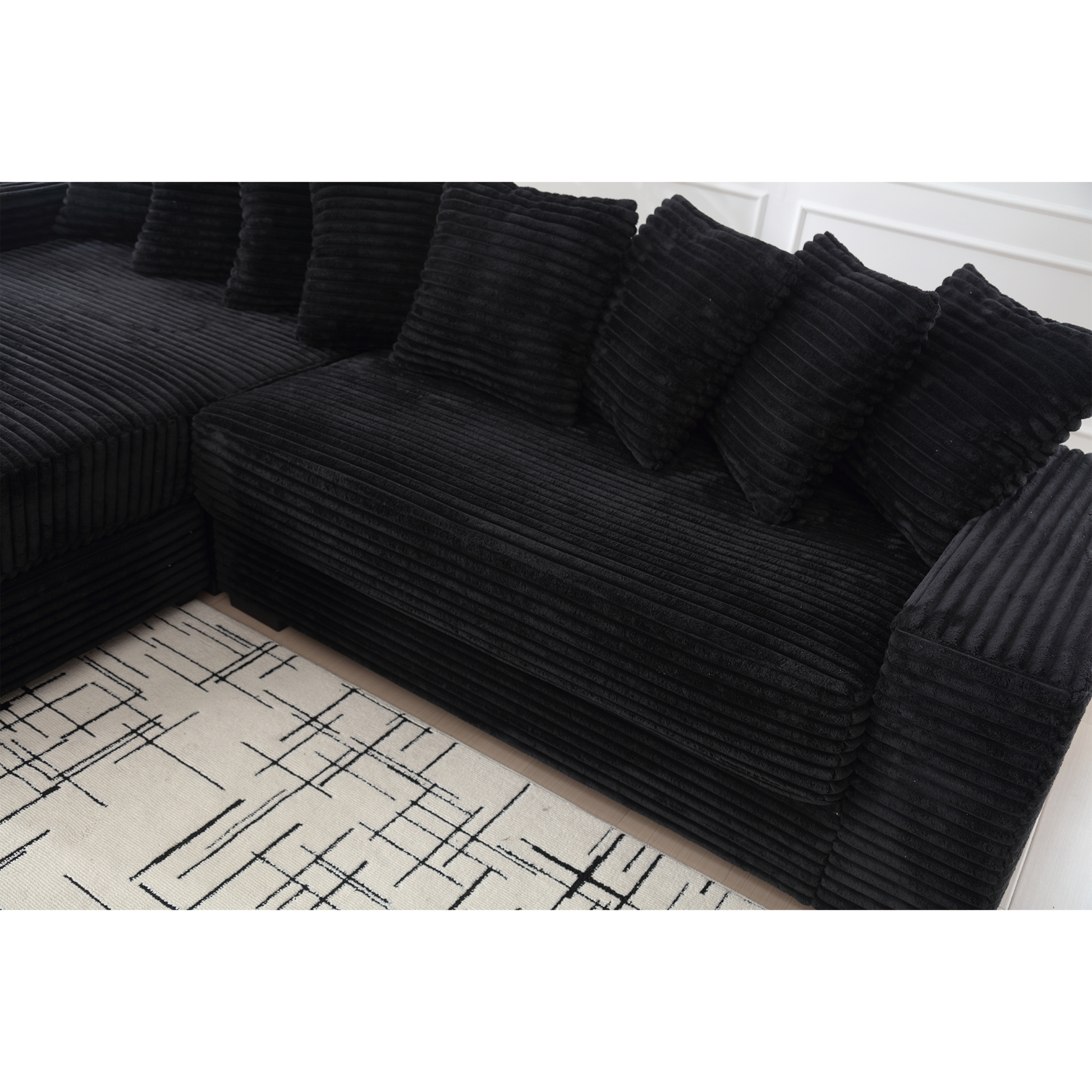 Arrived Oversized Two Piece Couches, L Shaped Sofa, Corduroy, Left Chaise Daybed,With Armrests,Eight Throw Pillows,Corner Sofa,Easy To Assemble, Black Black Polyester Wood Primary Living Space