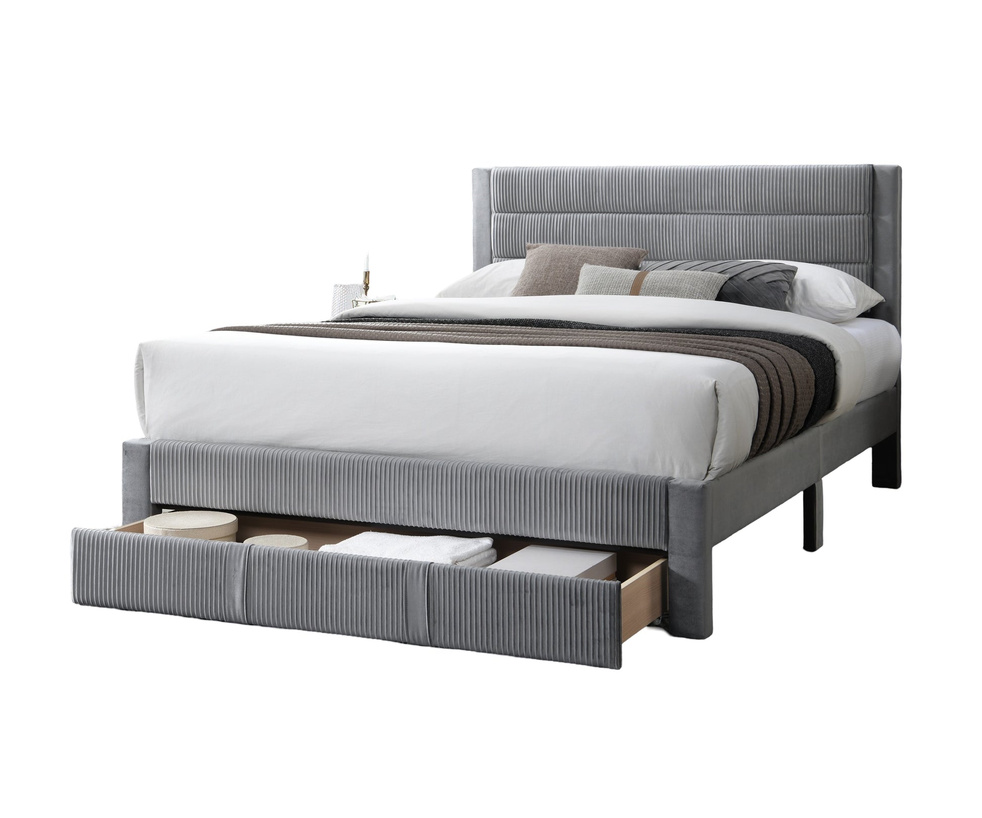 Luxury Contemporary Look 1Pc Queen Size Bed W Storage Drawer Gray Corduroy Headboard Bedframe Box Spring Not Required Queen Gray Wood Bedroom Contemporary,Modern Bed Frame Corduroy