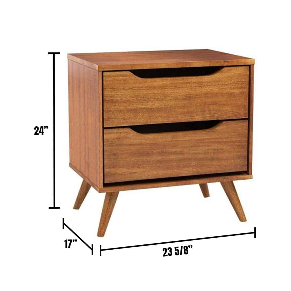 Mid Century Modern Oak Color 1Pc Nightstand Bedroom Furniture Solid Wood Round Tapered Legs 2 Drawers Bedside Table Oak 2 Drawers Bedroom Bedside Cabinet Contemporary,Mid Century