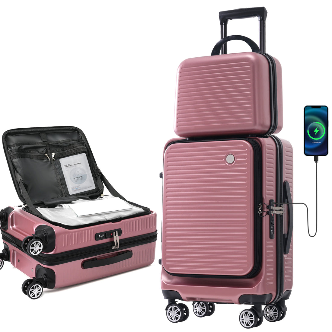 Carry On Luggage 20 Inch Front Open Luggage Lightweight Suitcase With Front Pocket And Usb Port, 1 Portable Carrying Case Rose Gold Abs