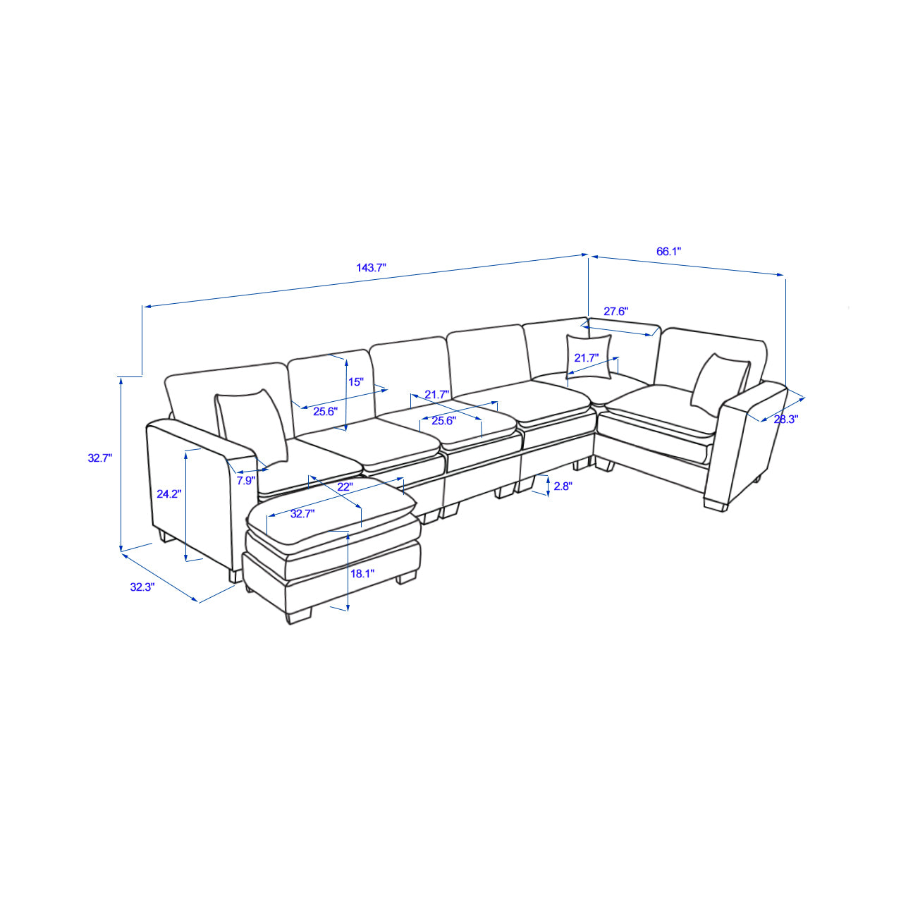 Modern U Shaped 6 Seat Sectional Sofa Couch With One Ottoman And Three Toss Pillows ,Modular Sofa For Living Room,Corduroy Sofa Grey Corduroy 7 Seat