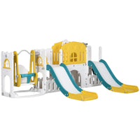 Qaba 8 In 1 Toddler Slide And Swing Set With 2 Slides, Baby Slide For Ages 1 3 With Basketball Hoop, Climber, Aisle, Steering Wheel, Storage Space, Telescope, Indoor Playground, Yellow Yellow Plastic