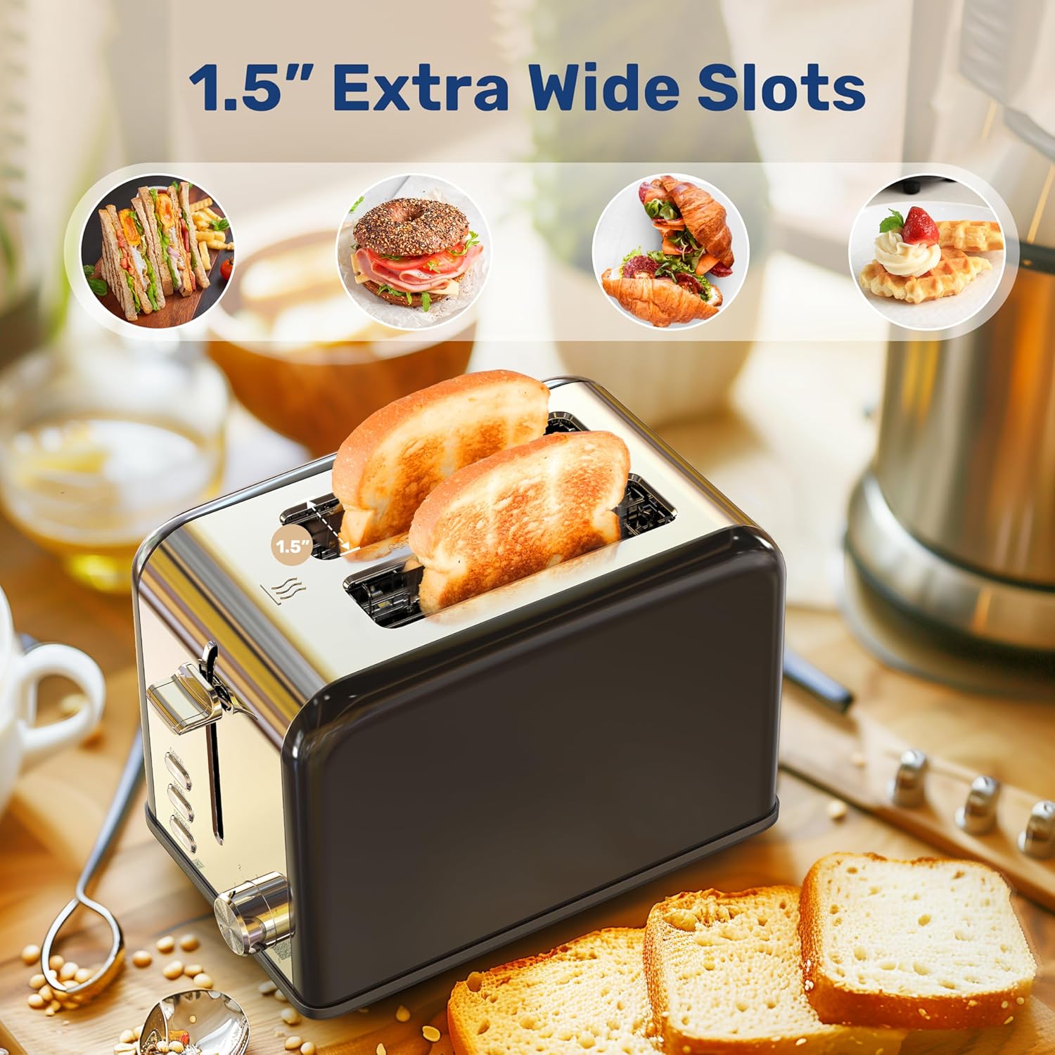 2 Slice Toaster With 6 Browning Setting And 3 Function, Extra Wide Slot & Removable Crumb Tray, Retro Stainless Steel Style, For Bread & Waffle Black Stainless Steel