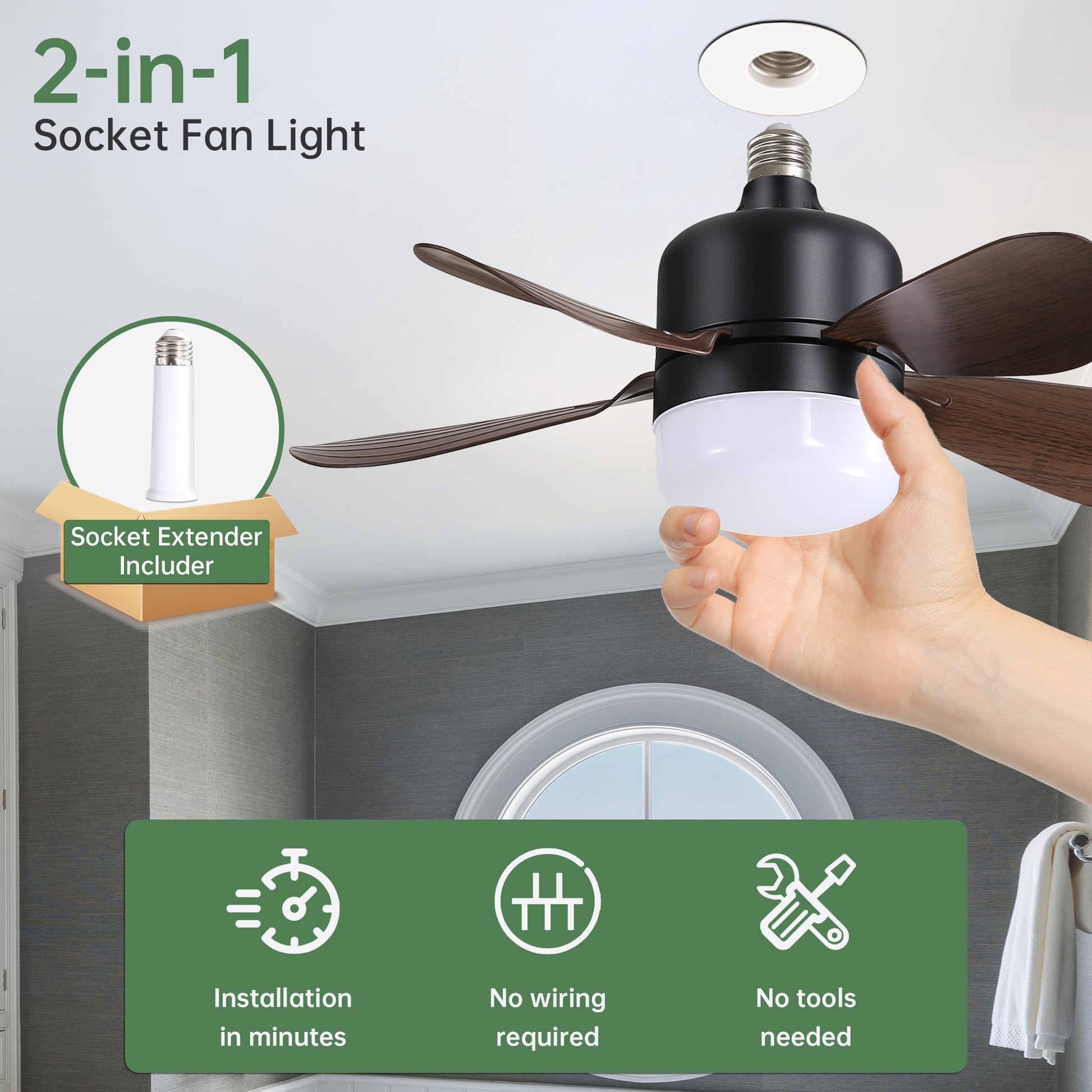 16 Inch Socket Fan Light Ceiling Fans With 3 Lighting Color And Remote E26 Screw In Ceiling Fan Black Pc