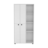 Misuri Wardrobe Armoire With Double Door, Drawer, Hanging Rod, And Open Shelves White White Particle Board