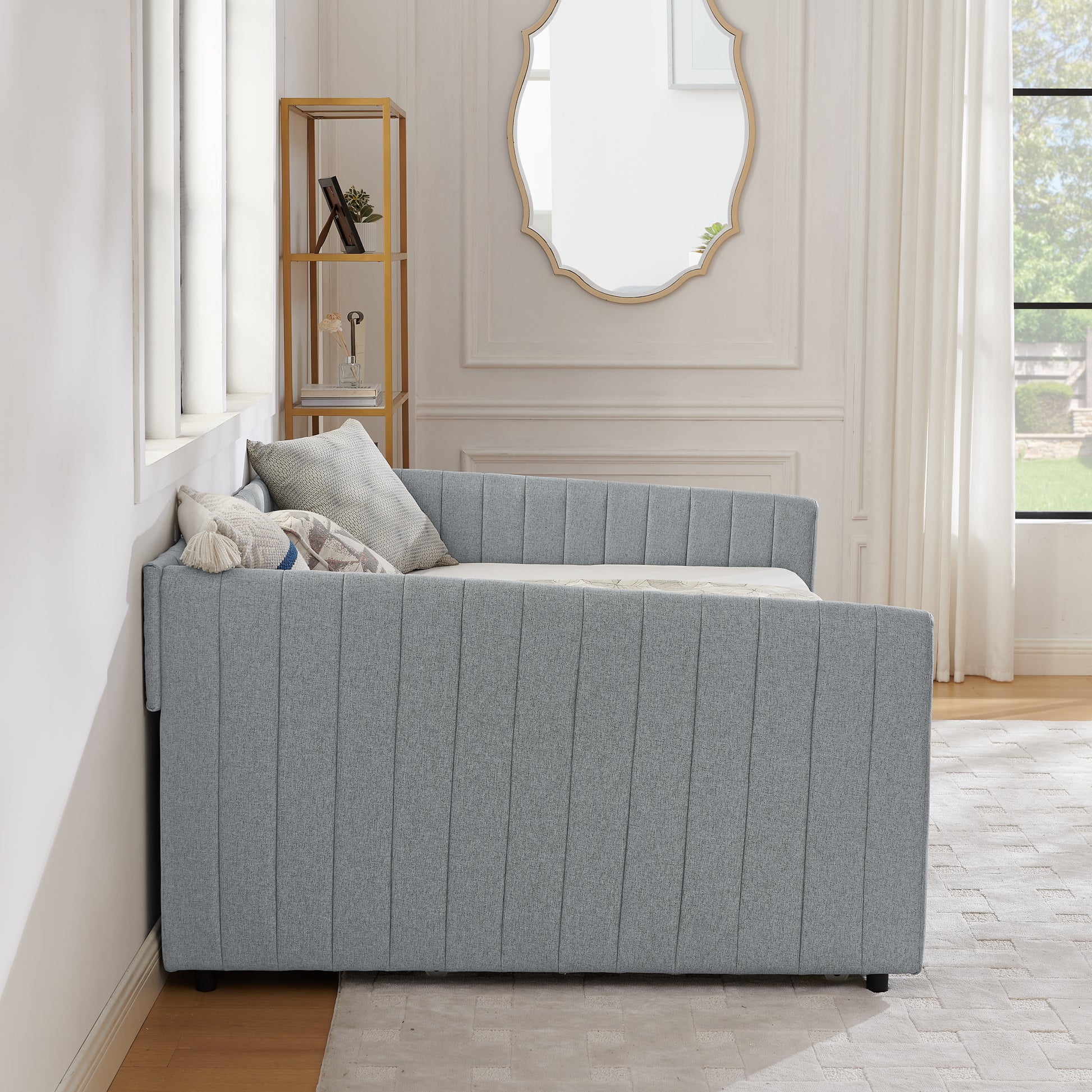 Full Size Daybed With Trundle Upholstered Sofa Bed, With Vertical Stripes, Linen Fabric, Grey 82.5"X58"X30" Grey Linen