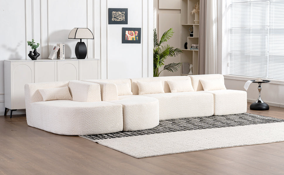 143.7" Upholstered Sofa Free Combined Sofa Couch With Two Chaise Lounge And Five Back Pillows For Living Room, Beige Beige Foam Polyester 5 Seat