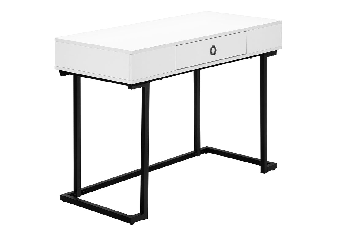 Computer Desk, Home Office, Laptop, Storage Drawers, 42"L, Work, Glossy White Laminate, Black Metal, Contemporary, Modern White Mdf