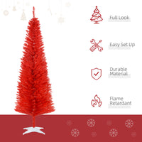 Homcom 6' Artificial Pencil Christmas Tree, Slim Xmas Tree With 390 Realistic Branch Tips And Plastic Stand, Red Green Plastic