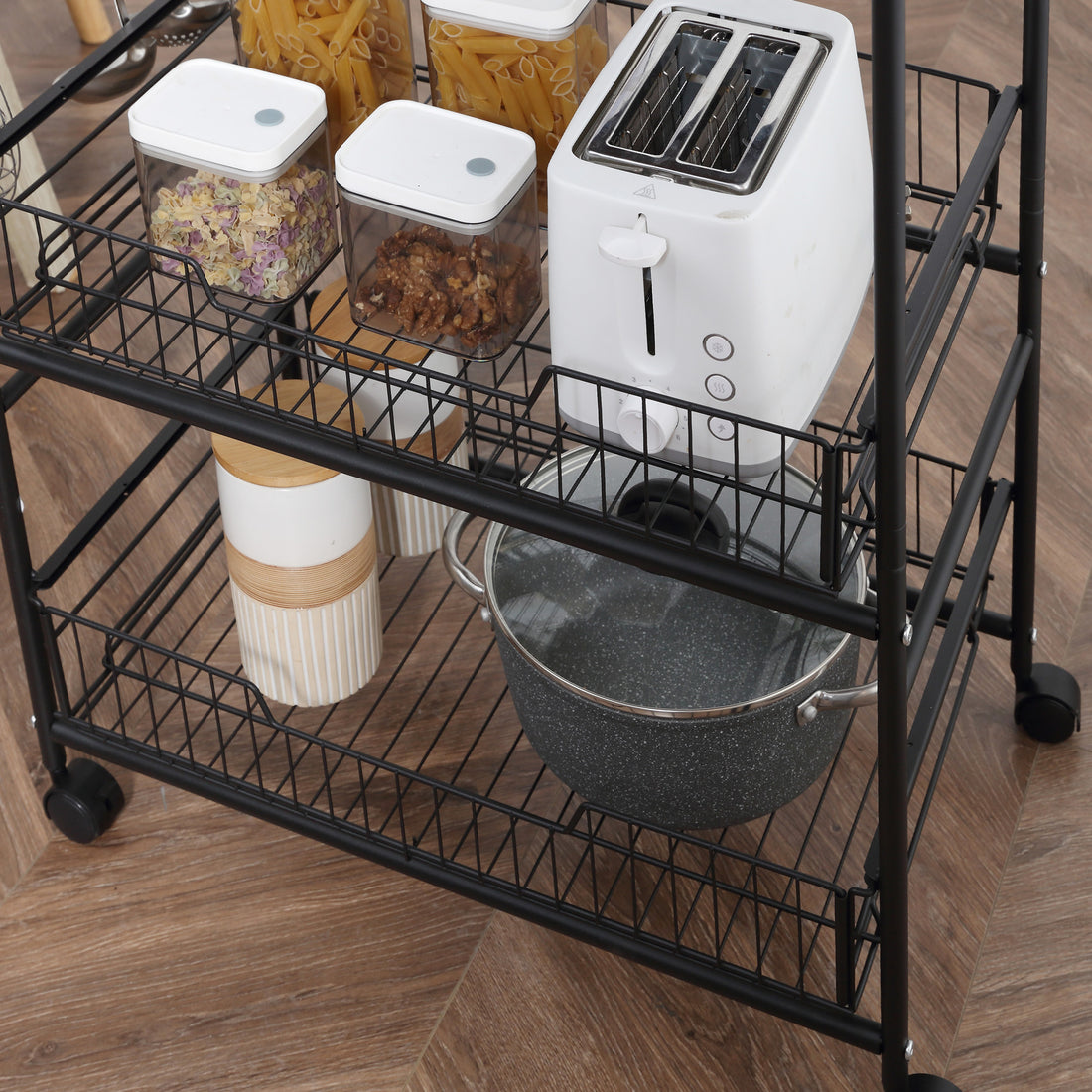 Homcom 3 Tier Rolling Kitchen Cart With Storage, Kitchen Island Cart On Wheels With 2 Sliding Fruit Basket, Microwave Cart With Side Hooks For Dining Room, Brown Rustic Brown Mdf Metal