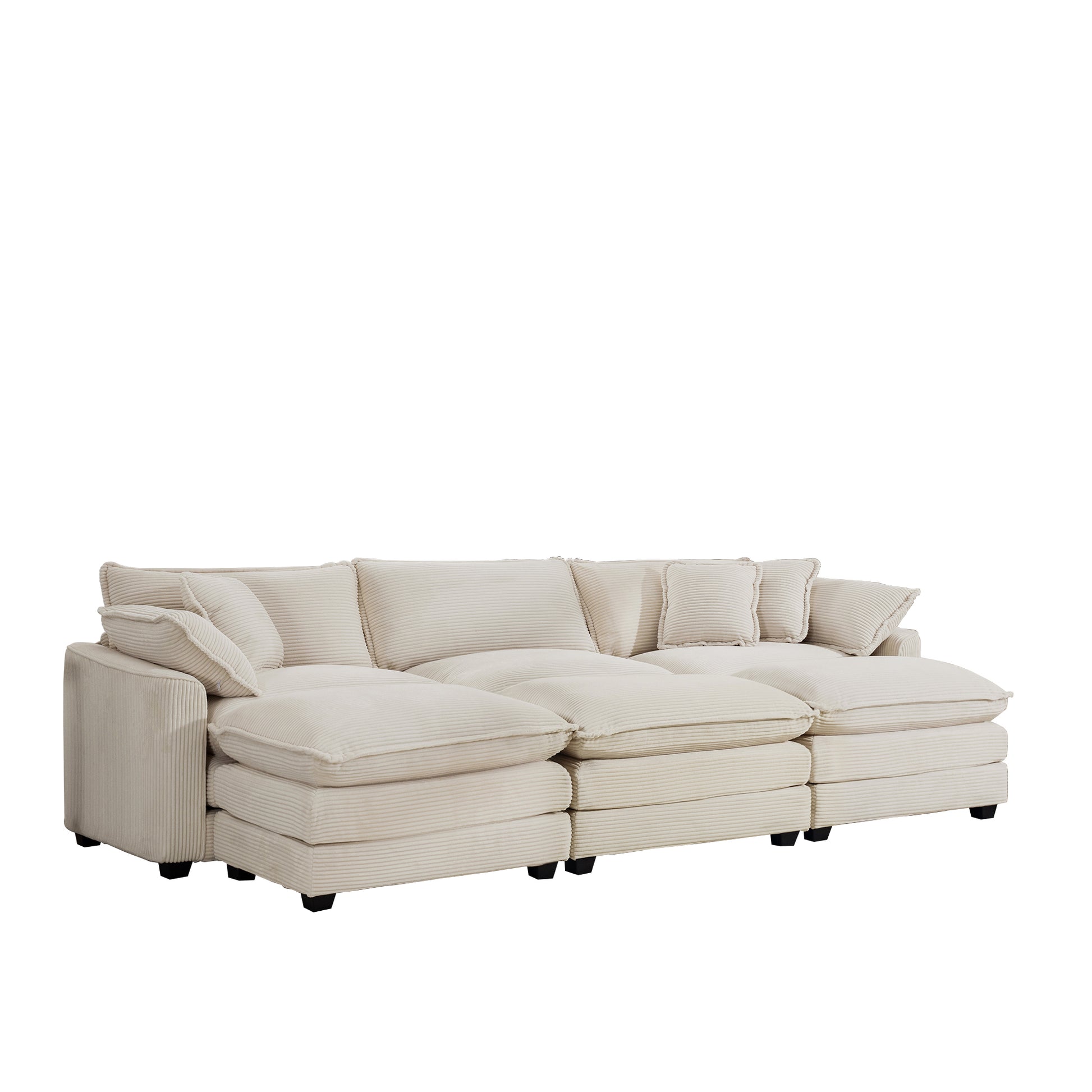 Oversized Modular Cushioned Sofa With 3 Ottomans, Modular Sofa Set To Work As Sleeper Sofa Bed6 Piece Sofa Set With One 3 Seater Sofa And Three Ottomans, Light Beige Corduroy Beige Corduroy 3 Seat