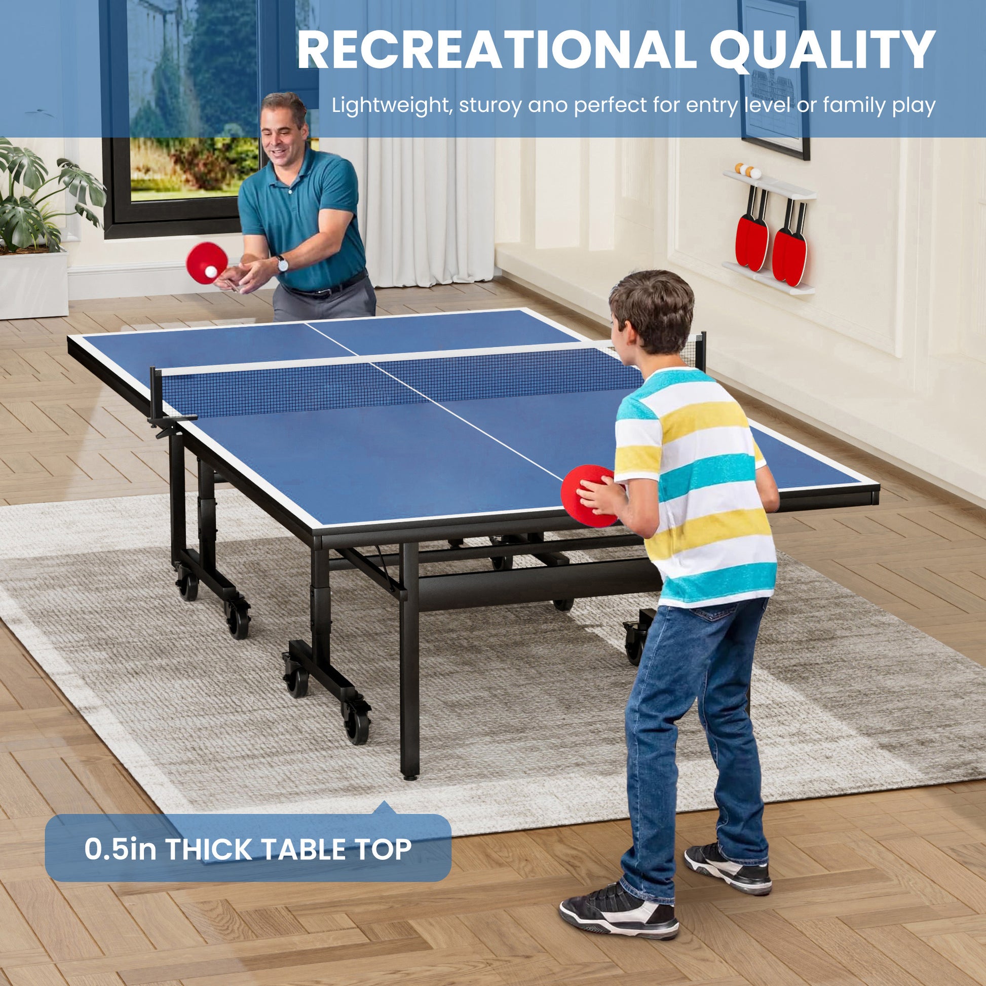 Table Tennis Table 15Mm Professional Mdf Indoor Table Tennis Table With Table Tennis Net And Bats Etc. Quick Assembly, Single Training Table, 108"L X 60"W X 30"H Black Blue Mdf Steel