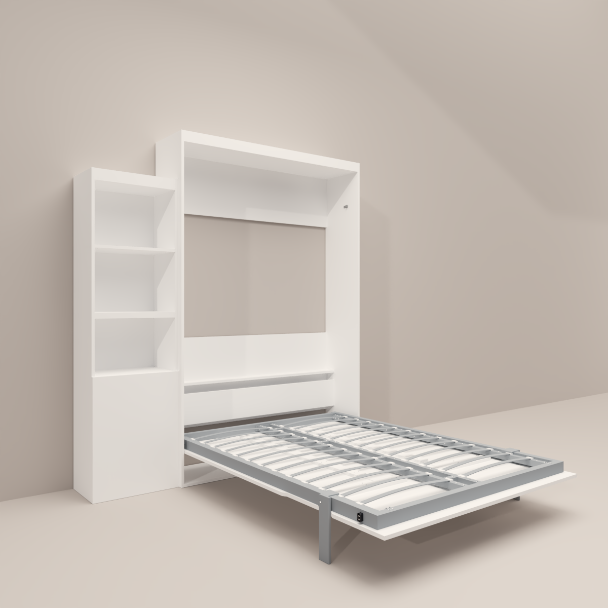 Queen Size Morden Deisgn Big Size Vertical Murphy Bed With Table And Shelf For Bedroom Or Guestroom White Wall Bed Space Saving Hidden Bed With Style Gas Struts Box Spring Not Required Queen White Metal Bedroom Murphy Plywood